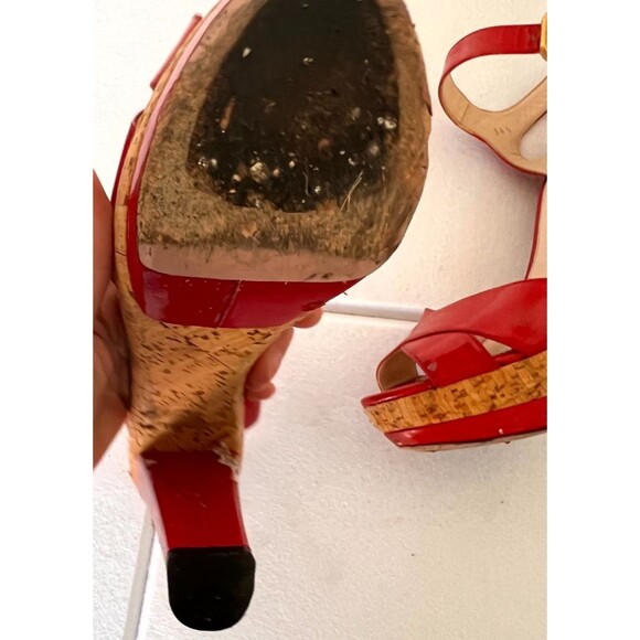 Prada Women's Shoes 6 Red Leather Peep Toe Ankle Strap Buckle Casual Sandal - Picture 10 of 10
